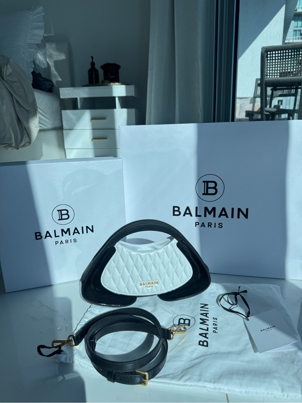 Balmain White Quilted Leather Shoulder Bag with Black Trim